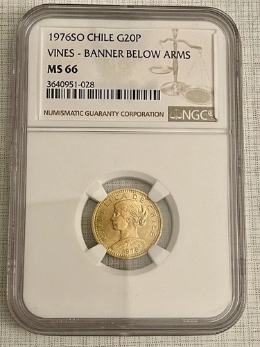 Chile 1976 SO Vines Banner below Arms 20 Pesos Gold NGC MS66 SKU#4670