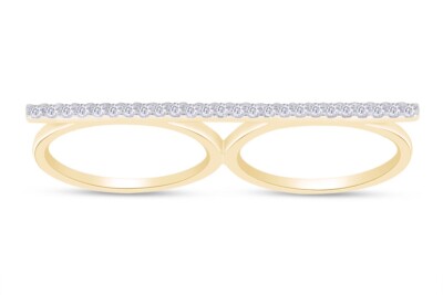 1/4ct Natural Round Diamond Double Finger Bar Ring in 14K Solid Yellow Gold