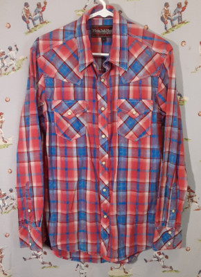   Rock & Roll Cowboy Western Pearl Snap Shirt Men Small Red Plaid Long Sleeve