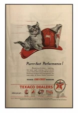 1946 Texaco Motor Oil Gasoline Ad Cat Fire Chief Hat Purrr-fect Performance