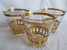 Vtg Set 3 Culver ANTIGUA Flared Old-Fashioned Low Ball Glass Barware 22k Gold