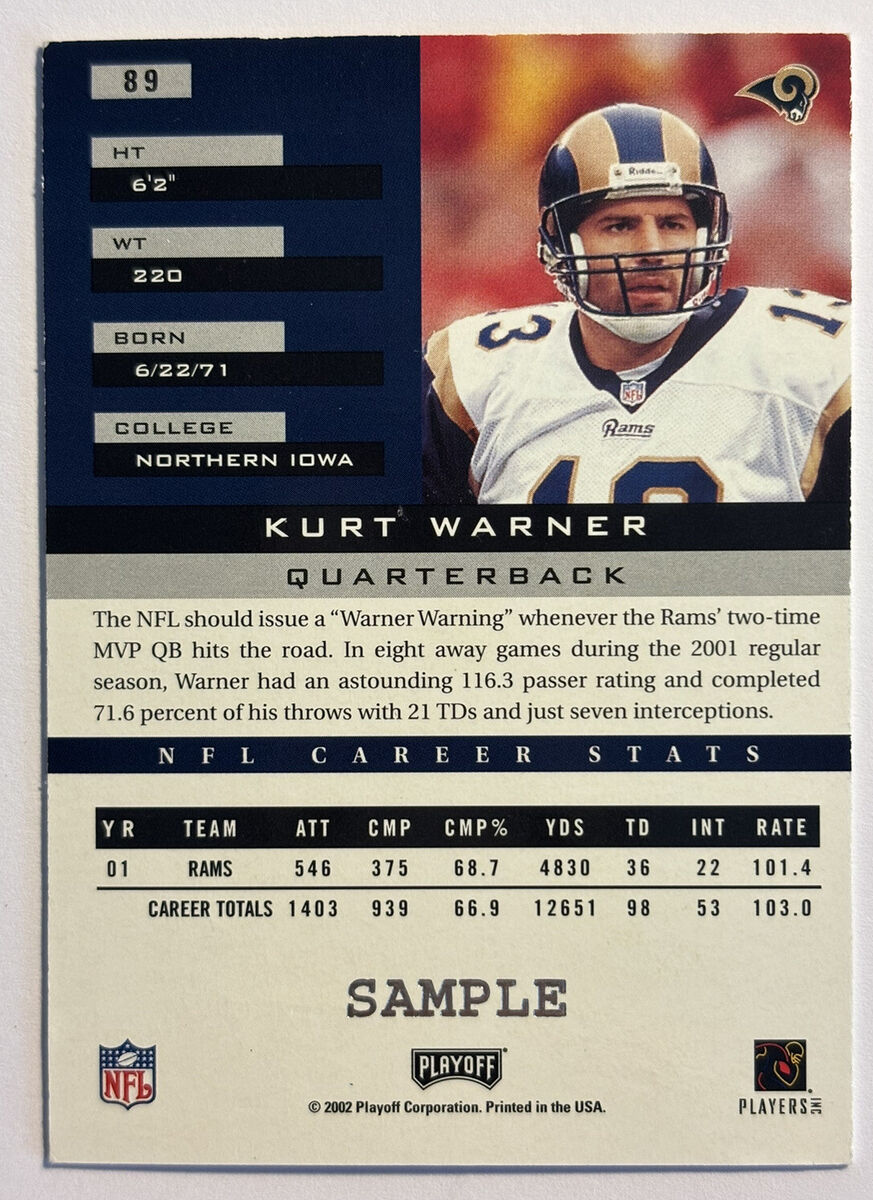 KURT WARNER ST. LOUIS RAMS 2002 PLAYOFF #89 AUTOGRAPHED KURT WARNER ST. LOUIS RAMS 2002 PLAYOFF #89 AUTOGRAPHED