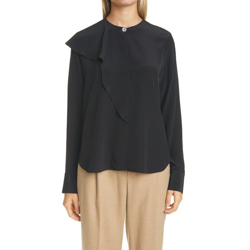 VINCE Asymmetrical Flutter Long Sleeve Silk Blouse In Black 4 - Picture 3 of 7