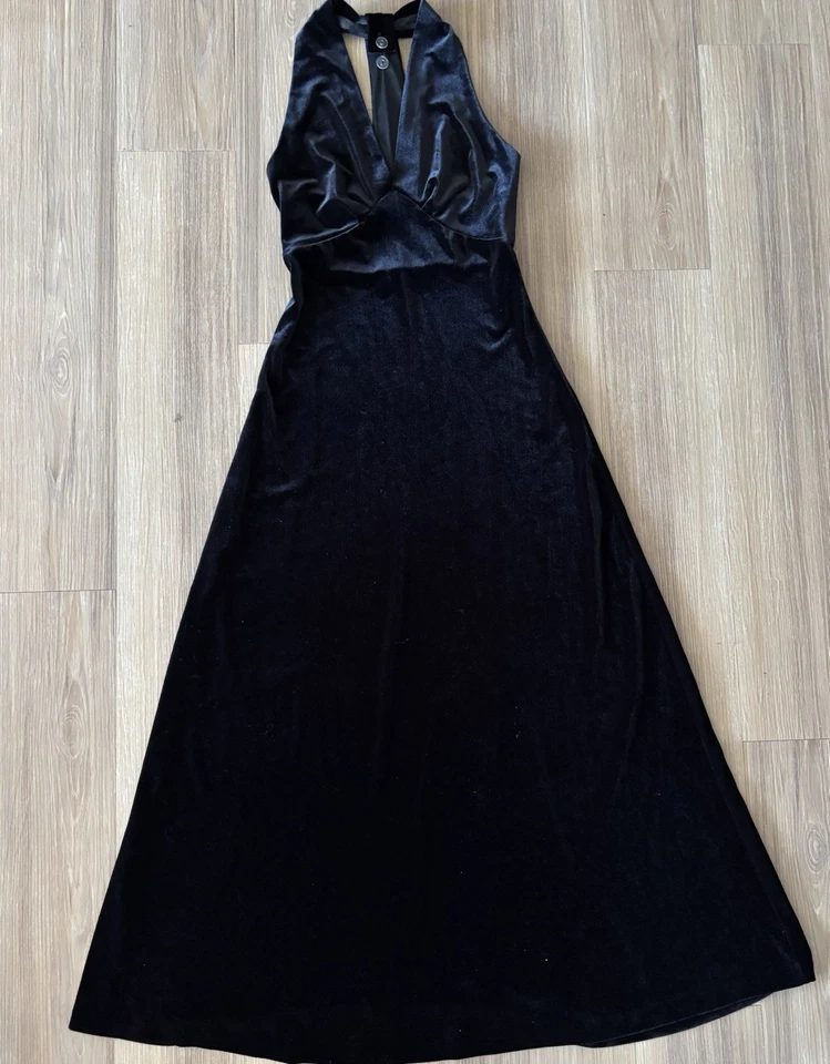 VTG Mica Dress Velvet Black Halter Neck Long Womens 4 Whimsigoth Prom Formal USA - Image 4 of 4