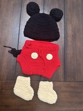 Handmade Crochet Mickey Mouse Infant Outfit Set - Hat, Shorts, Cream Booties