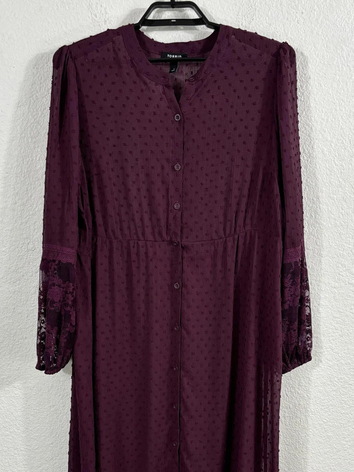Torrid Dress Womens 1X Purple Swiss Dot Sheer Lace Sleeve Button Front Midi - Image 2 of 4