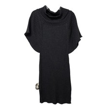 Calvin Klein Ribbed Sweater Dress Women's Lg Dark Grey Cowl Neck Flutter Sleeve 
