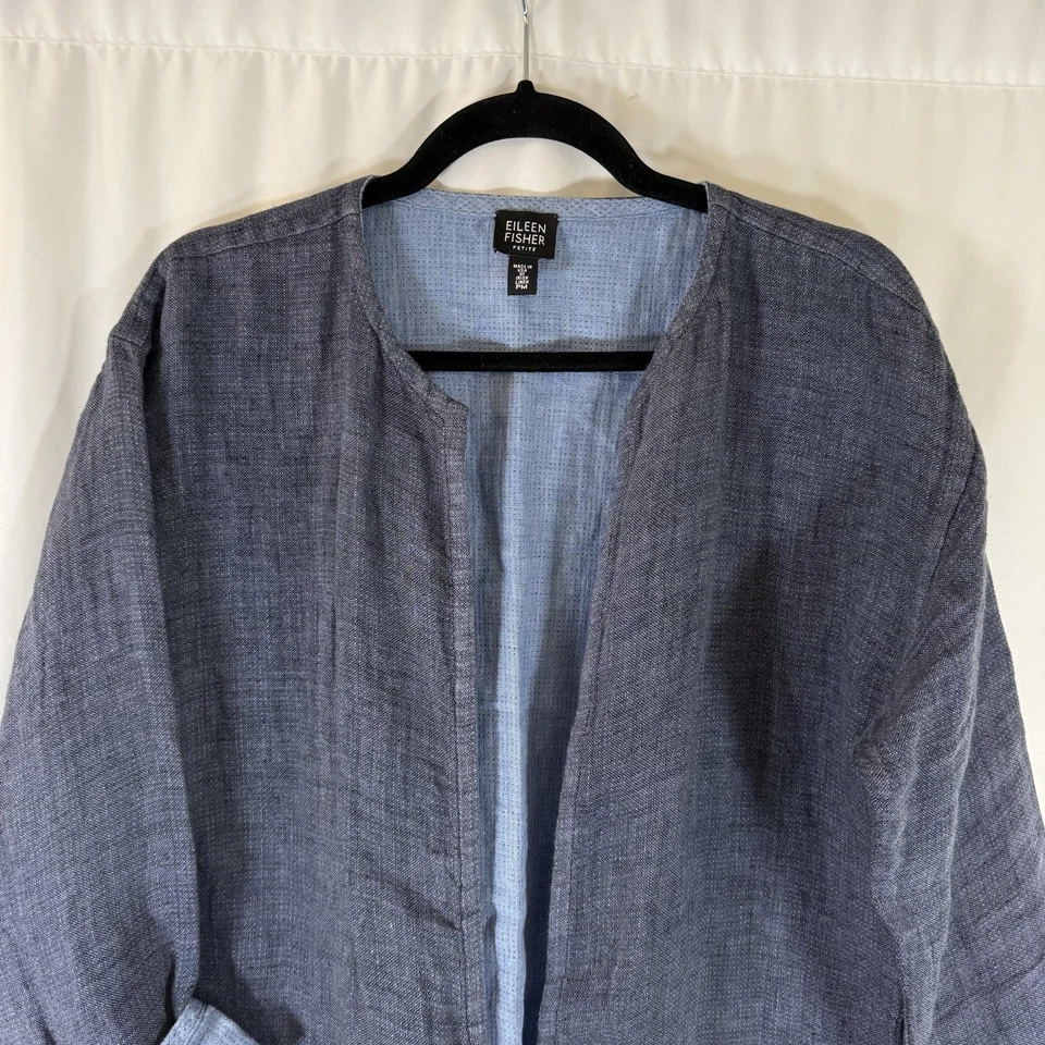 Eileen Fisher Jacket Womens PM Petite Medium Blue Irish Linen Pockets Open Front - Image 2 of 4