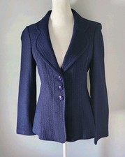 ST. JOHN Women's Long Sleeve Tweed Knit Blazer Elbow Patch Jacket Navy Size 2