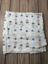 Cactus Print Muslin Baby Blanket By Hudson Baby 100% Cotton White Multicolor