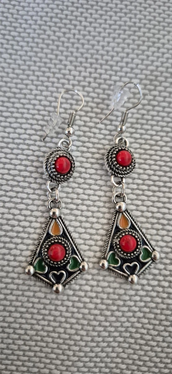 Boucles D'oreilles Berbères Vintage En Argent Et émail - Algérie - Modèle Pendantes à Clous - Argent 900/1000