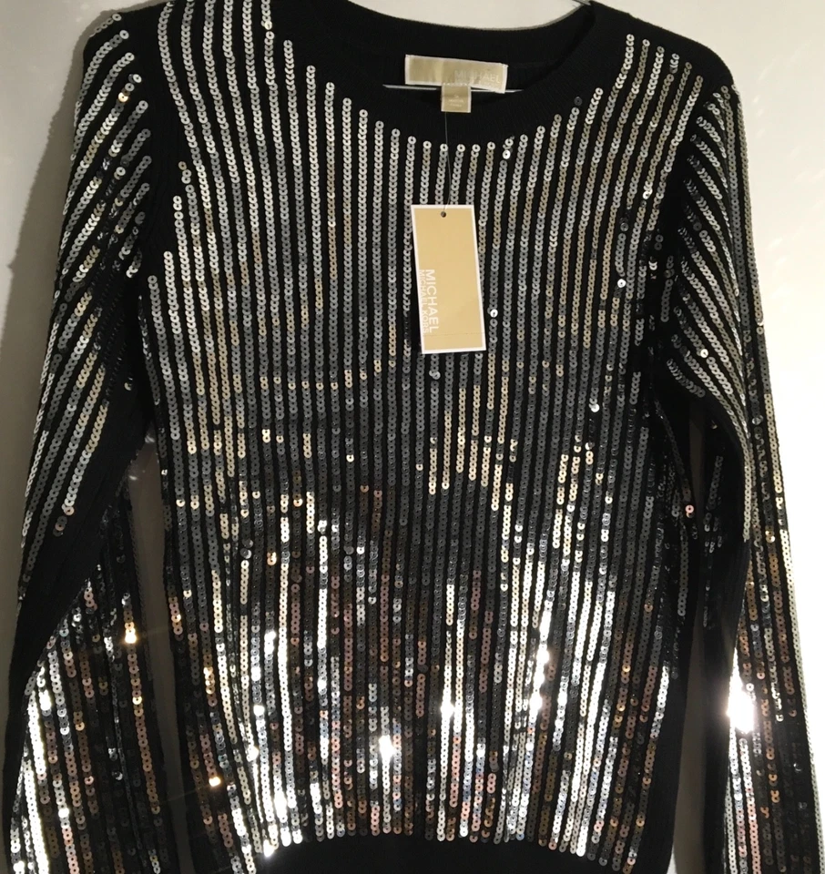 Suéter feminino Michael Kors MK preto malha prata lantejoulas frente tamanho pequeno novo com etiquetas - Imagem 3 de 4