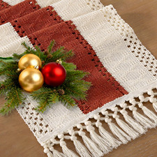 Boho Table Runner Macrame Fall Thanksgiving Farmhouse Woven Cotton Linen Rustic
