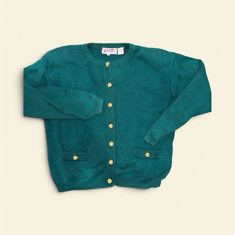Bechamel Girls Green Knit Cardigan Sweater M 100% Cotton Crew Button-Front