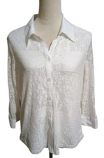 Notations White Embroidered Lace Button Up 3/4 Sheer Sleeve Blouse Shirt SZ XL