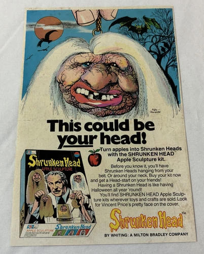 1975 VINCENT PRICE Shrunken Head Apple Sculpture cartoon ad page ~ Mort Drucker
