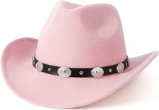 Light Pink Western Cowboy, Cowgirl Hat, Silver Strap, Women Retro Wide Brim
