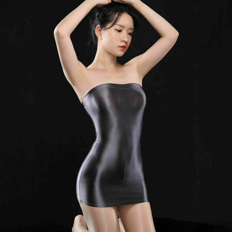 Women's  Mini Strapless Bodycon Sexy Wet Look Glossy Tube DressClubwear Cosplay image 5