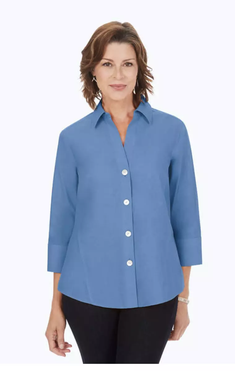 FOXCROFT Womens 14W Shirt No Iron 3 4 Sleeve Button Down Shaped Blue Cotton Plus
