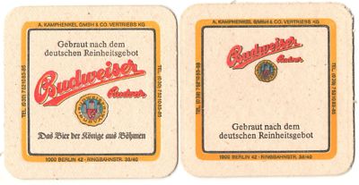 alter Bierdeckel Budweiser CSSR Vertrieb Westberlin Kamphenkel *EY118