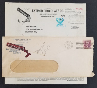 Vintage 1934 Eatmors Eatmor Chocolate Co. Billhead & Envelope