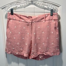 LOFT Outlet 6" Short Size 0 Linen Blend Pink Embroidered White Polka Dots Shorts