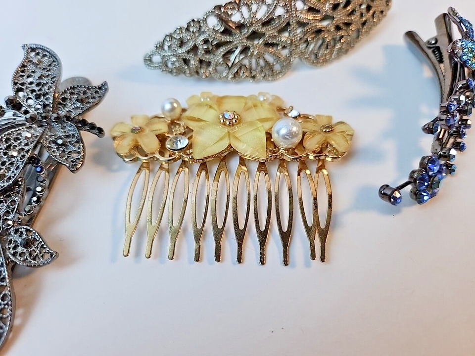 4 VINTAGE HAIR CLIPS BUNDLE!, RHINESTONES, FAUX PEARLS, SILVER & GOLD