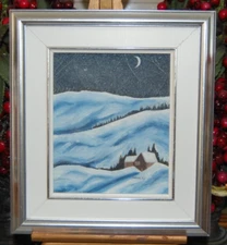 VTG FRAMED ORIGINAL FOLK ART STYLE OIL WINTER NIGHT COUNTRY SCENE ARTIST: ANDREE