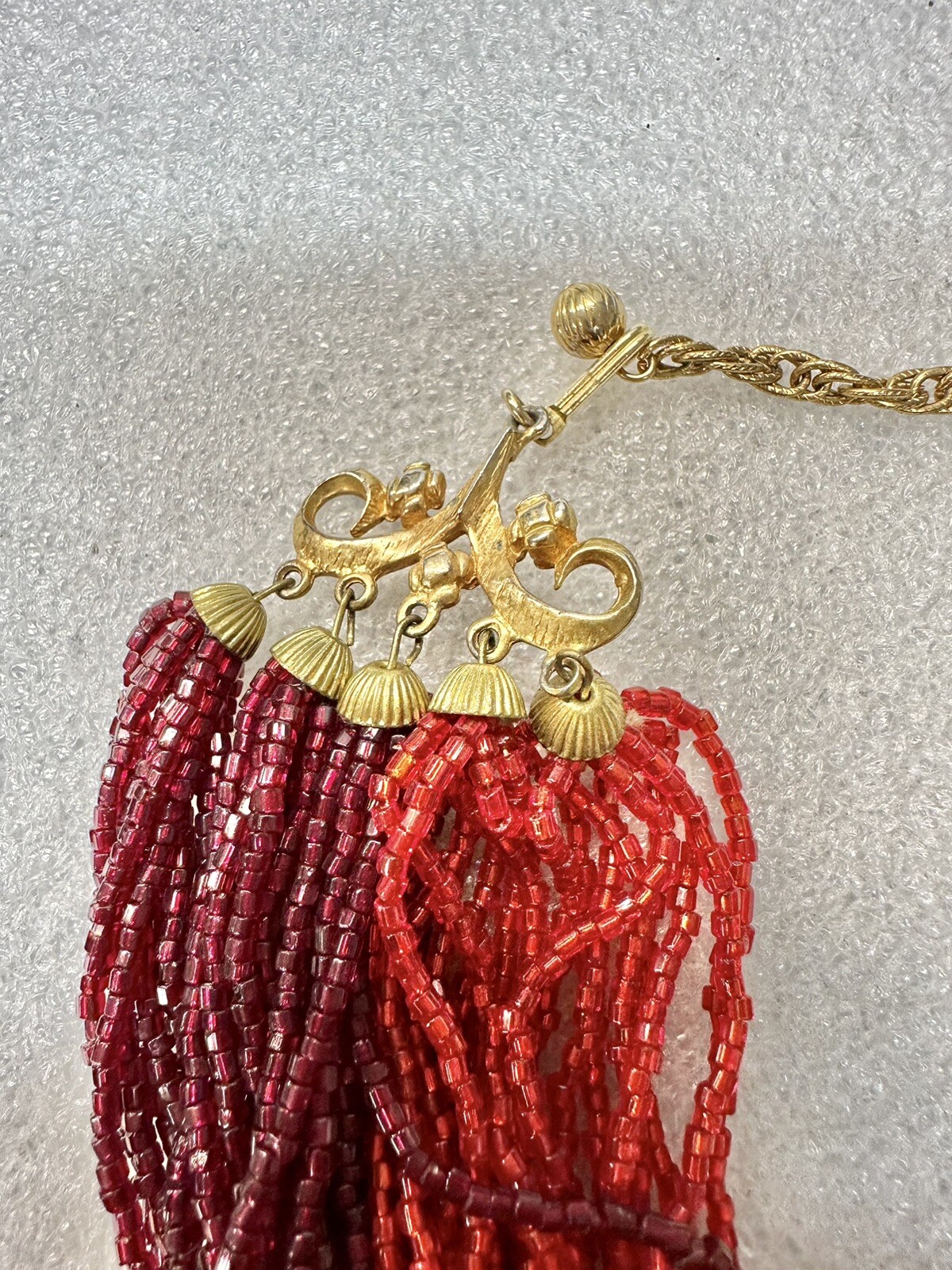VTG 19” Bugle Seed Bead Ruby Red Multi Strand Bal… - image 7