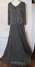 NWT JKARA NY Size 14 Charcoal Gray Flowing Sequin Beaded Ball Gown