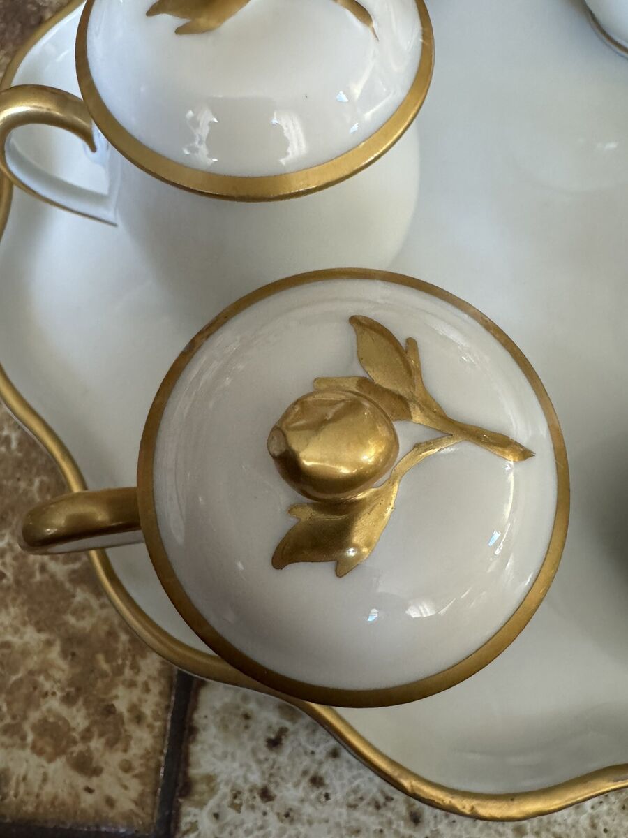 SET LIMOGES Porcelain 6 POTS de CREME gold rimmed with SET LIMOGES Porcelain 6 POTS de CREME gold rimmed with