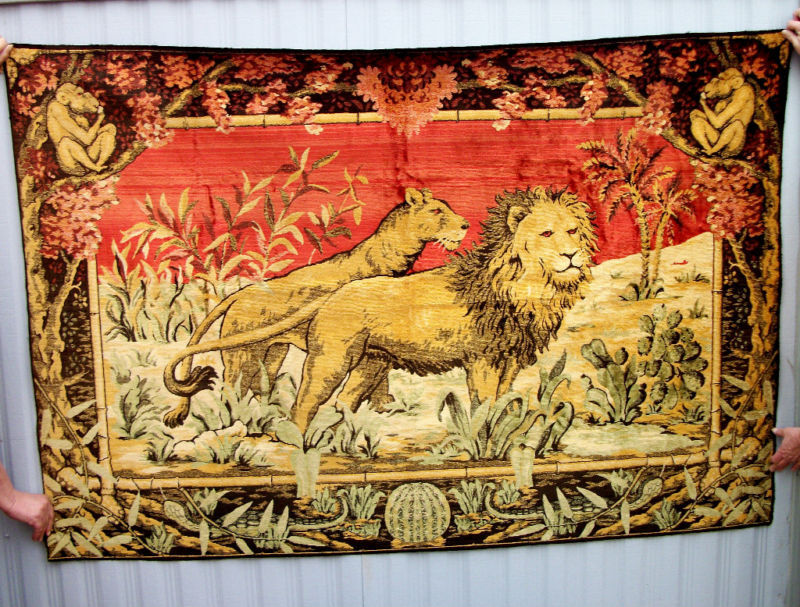 early 1900's  Italian  lion & monkey  tapestry 