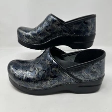 Dansko Shoes Womens Size 38 Black Blue Floral Embossed Leather Clogs Made Italy