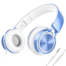 Kids Wired Headphones For School 3.5mm Cord Microphone SkyBlue Teen Travel