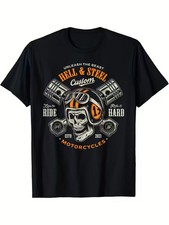Men's Motorcycle Graphic T-Shirt - Breathable Round Neck Tee with Skull  Gears