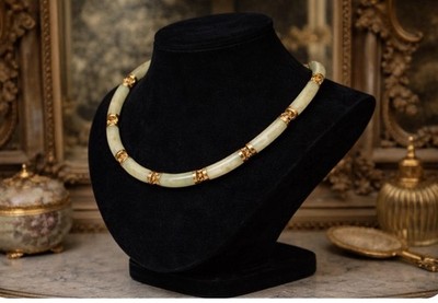 14K Gold & Seladon Jade Halskette - Vintage 17'' Orientalisch Filigran Eleganz