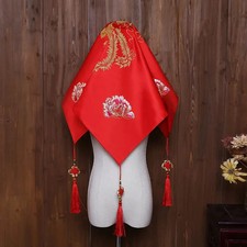 Chinese Bridal Red Wedding Veil Embroidered Floral Tassel Head Cover Cosplay