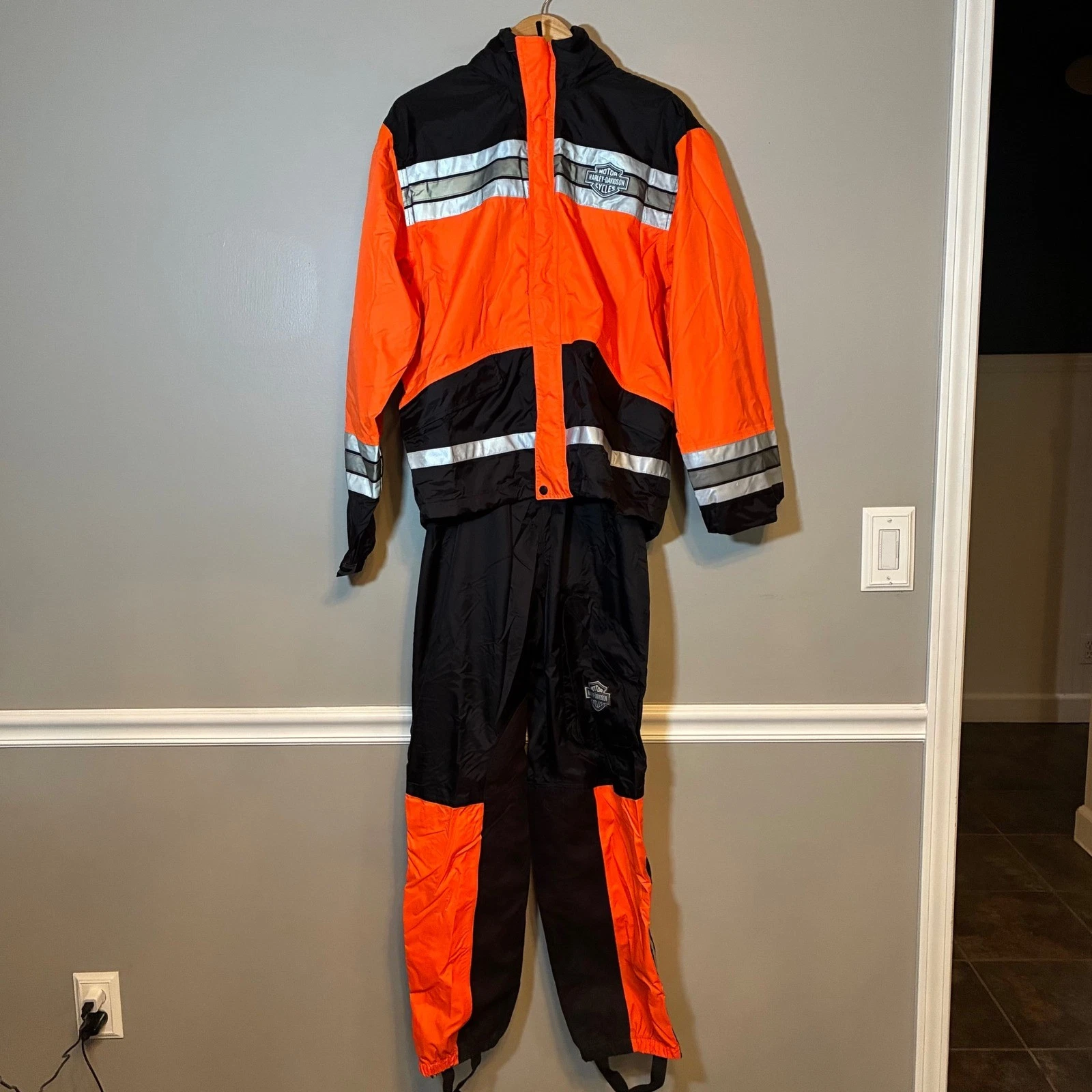 Harley Davidson Mens Orange Black Reflective Rain Suit Jacket Bib Pants Set M