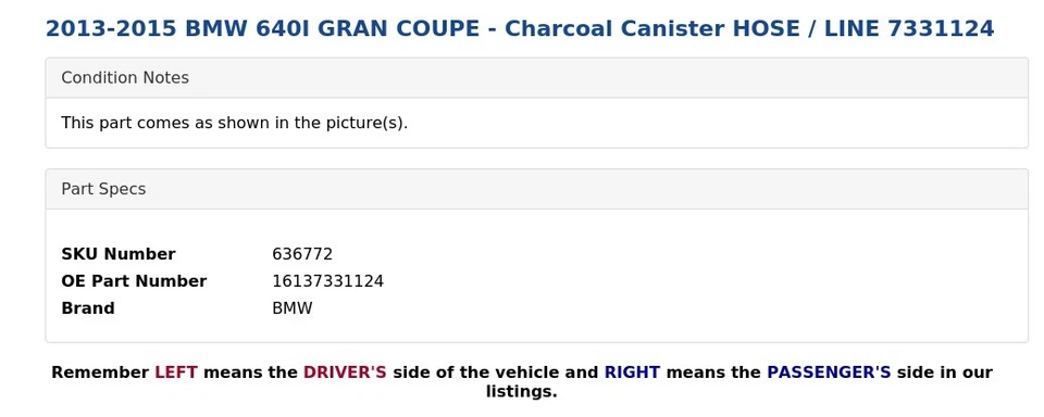 2013-2015 BMW 640I GRAN COUPE - Charcoal Canister HOSE / LINE 7331124 - Image 3 of 4