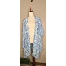 Jessica McClintock Blue White Paisley Floral Kimono Sheer Rhinestone Wrap OS