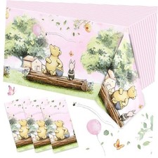 3PCS Pink Classic Bear Baby Shower Tablecloths, Kids Girls First Birthday