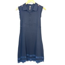 Free People Womens Dress Large Knit Black Sleeveless A-Line Blue Lace Trim Mini