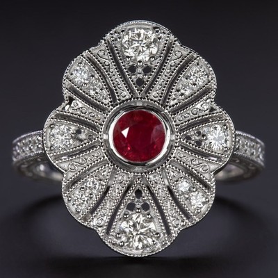 VINTAGE STIL DIAMANT RUBIN COCKTAIL RING NATUR PLATIN ÜBERBACKEN RUND