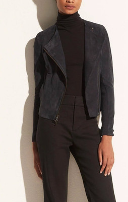 VINCE Dark Navy Blue Rib Panel Suede Lamb Leather Moto Zip Jacket LARGE = 12/14