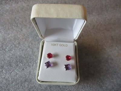 14K WEISSGOLD PRINZESSIN AMETHYST + 10K GELBGOLD RUBIN ROTER EDELSTEIN OHRSTECKER