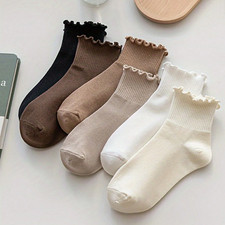  6 PAIRS MULTICOLOR cute women's socks ruffled trim mid calf stylish and fresh