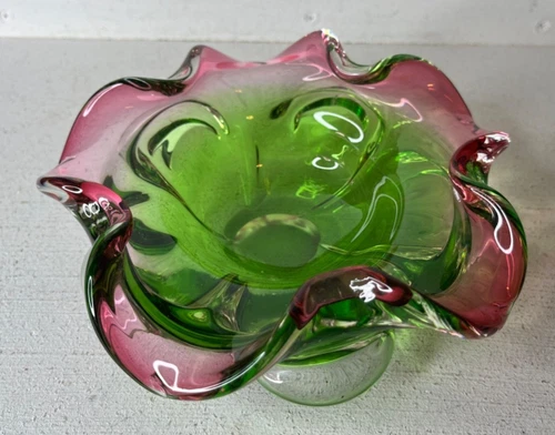 VTG 6.5" Murano (?) Art Glass Pink Green Candy Dish Bowl Flower