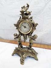 Antique Brass Tone Dresden Shelf Mantle Clock Ornate Cherub Garniture Spelter 