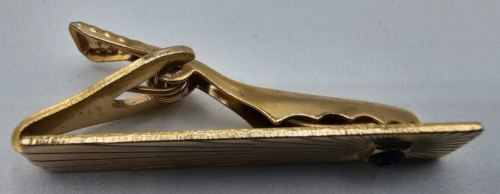 Vintage? Gold Tone Mens Neck Tie Clip Bar Blue Stone 1 1/2 inch - Picture 3 of 5