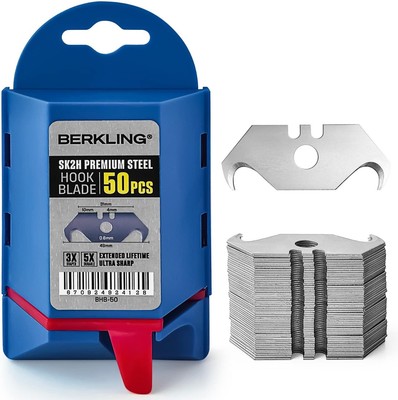 Utility Hook Razor Blades 50 PCS With Dispenser, SK2H | 50 Pack, Blue 